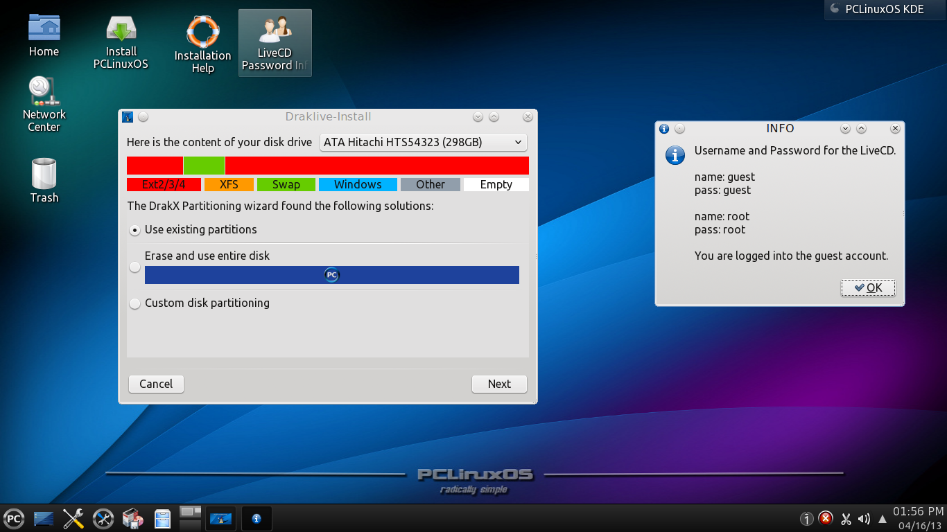 PCLinuxOS desktop screenshot: 2013.04 installer