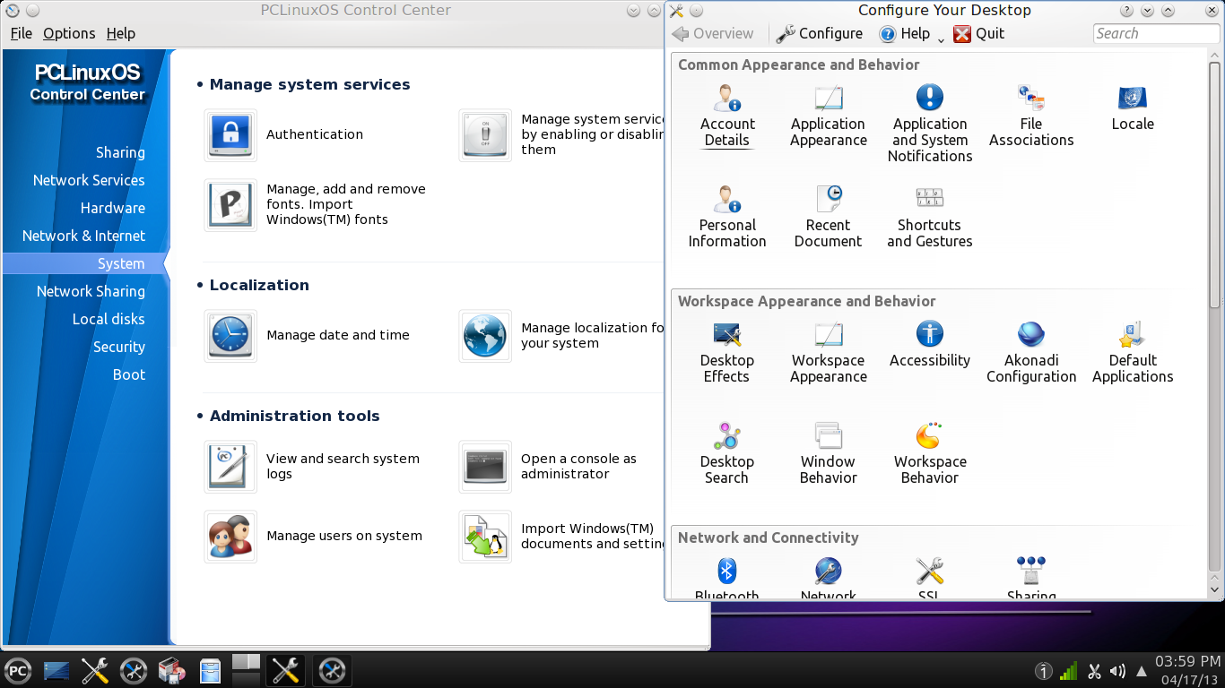 PCLinuxOS desktop screenshot: 2013.04 settings