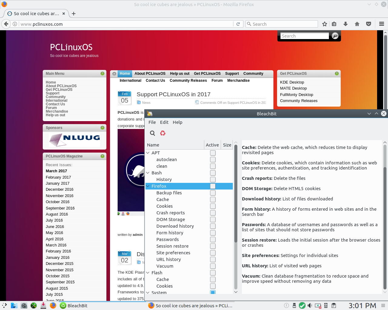 PCLinuxOS desktop screenshot: 2017.03 bleachbit