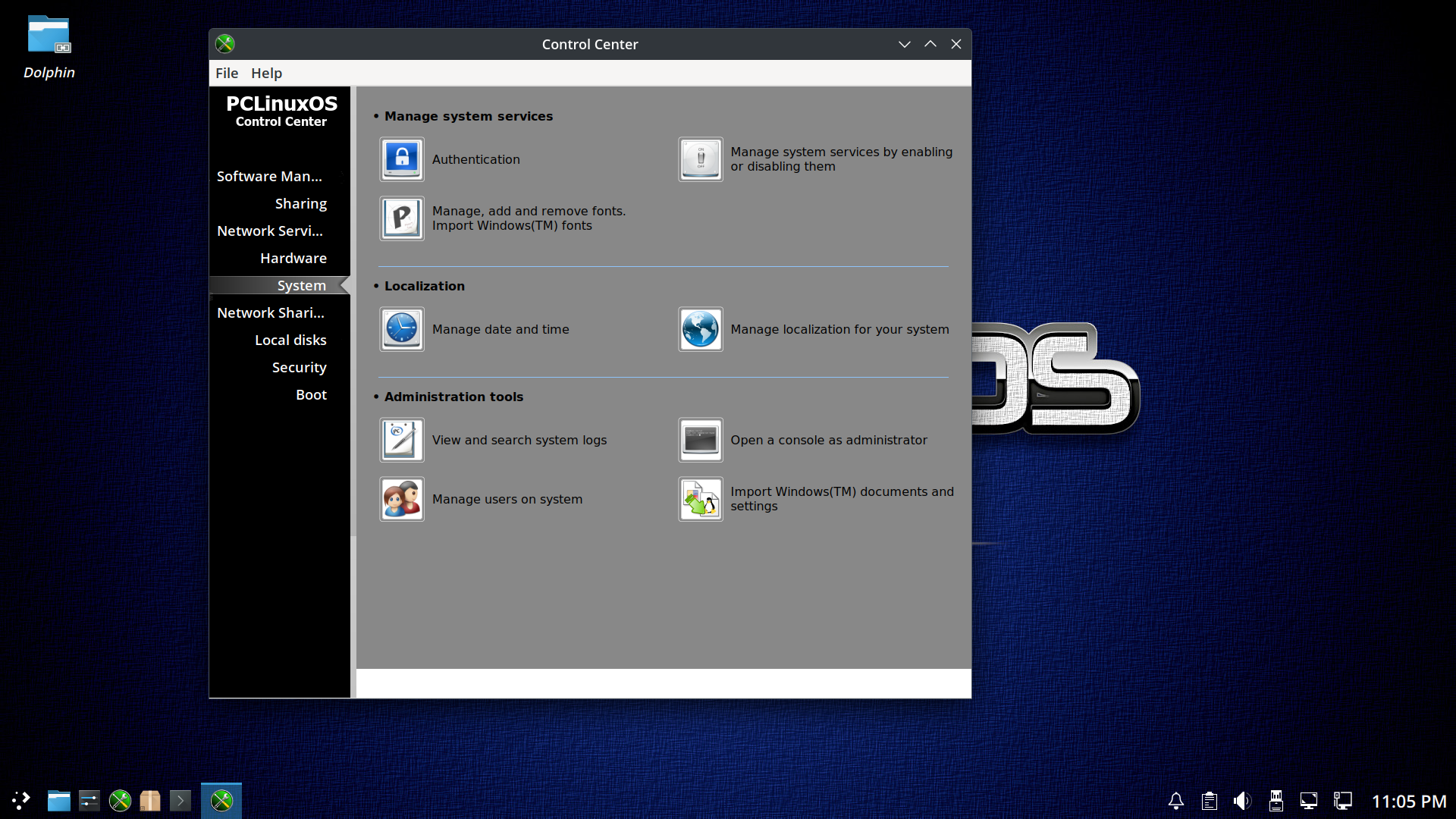 PCLinuxOS desktop screenshot: 2023.07 control