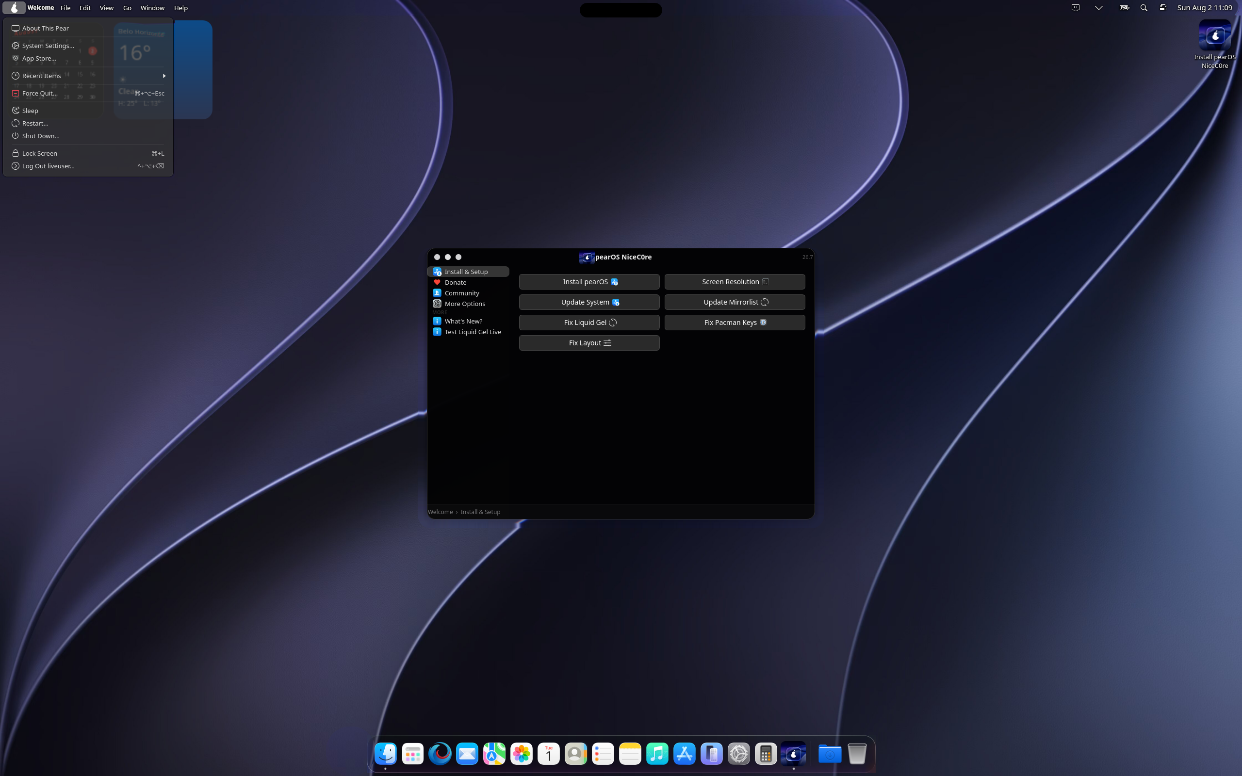 pearOS desktop screenshot: 2026.08 kde