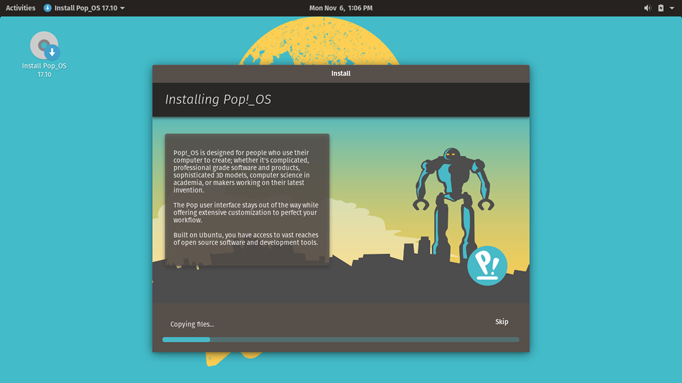 Pop!_OS desktop screenshot: 17.10 ubiquity
