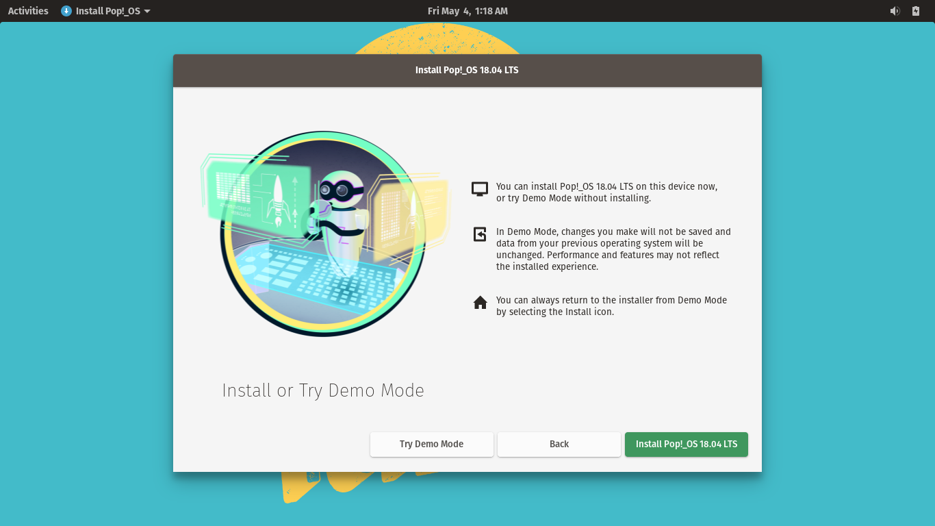 Pop!_OS desktop screenshot: 18.04 installer