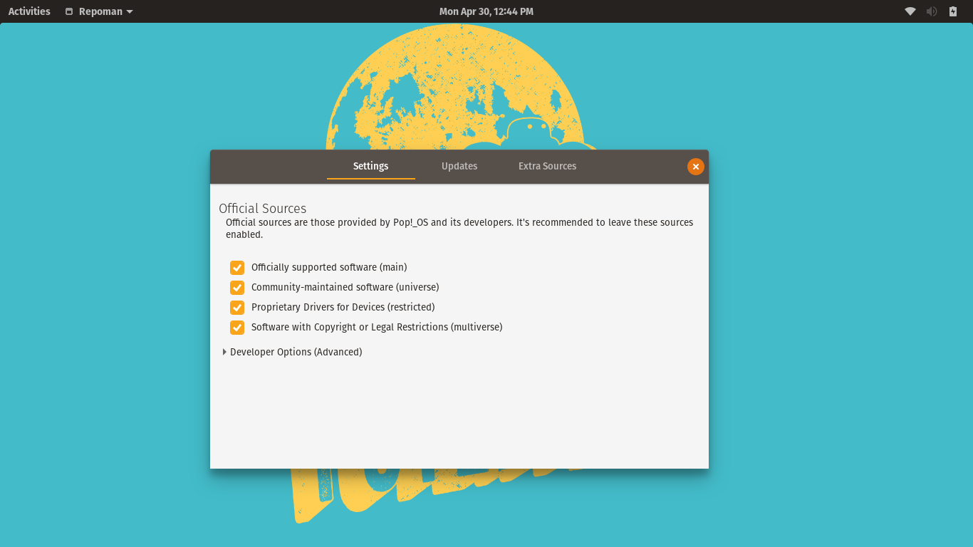 Pop!_OS desktop screenshot: 18.04 repoman