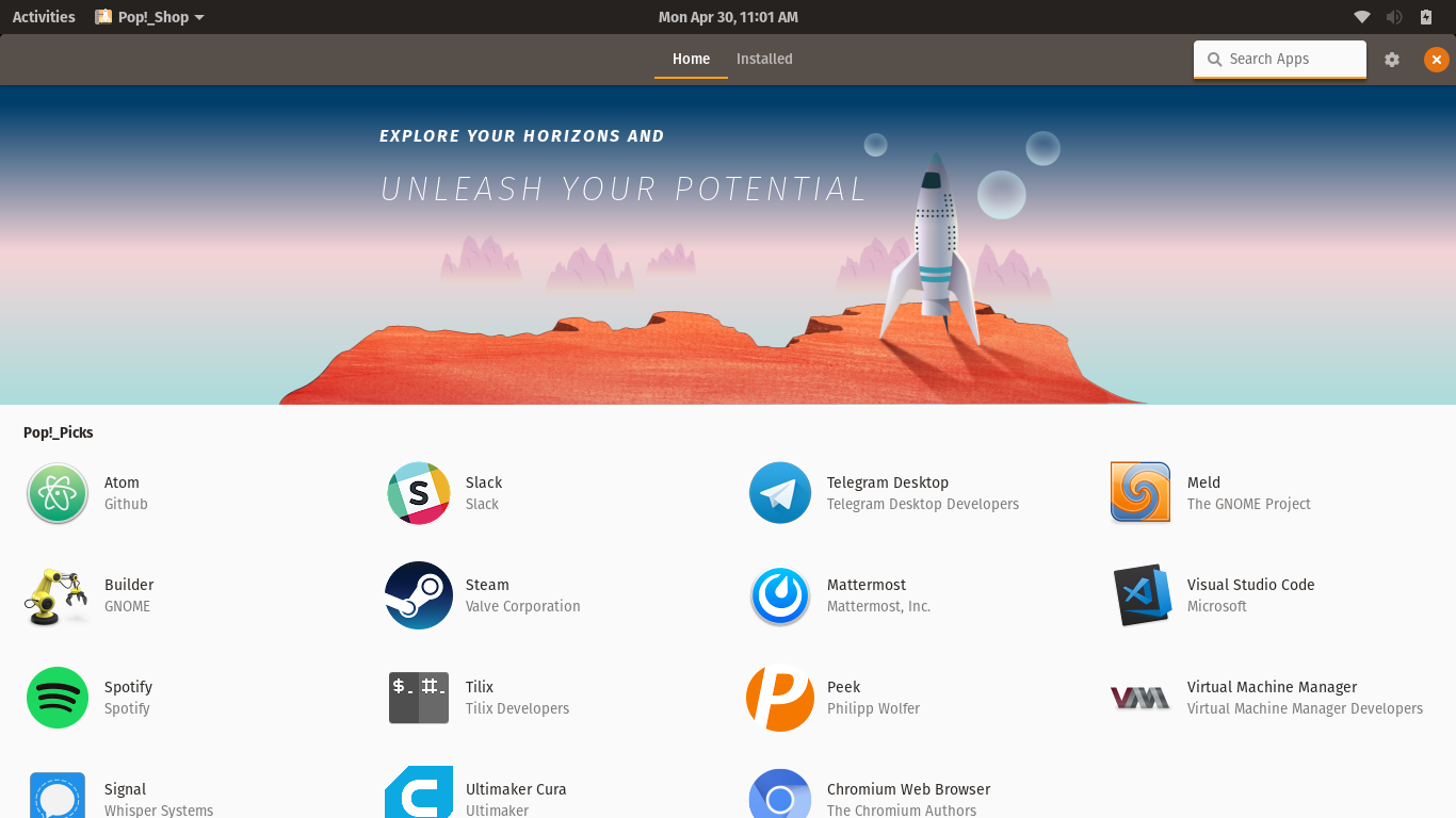 Pop!_OS desktop screenshot: 18.04 shop