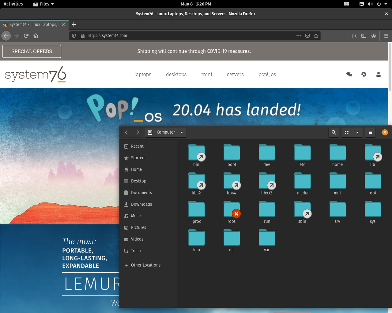 Pop!_OS desktop screenshot: 20.04 firefox files