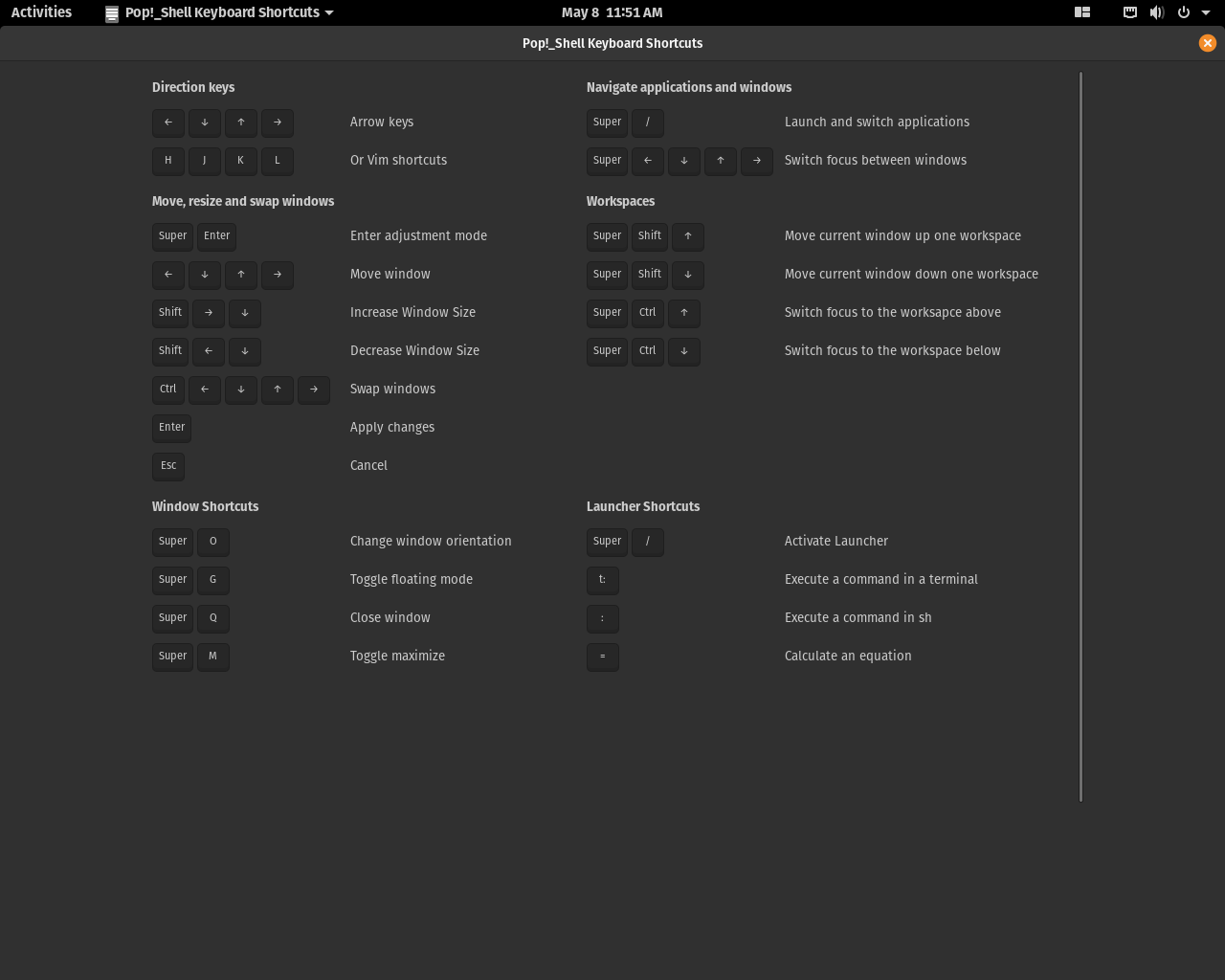 Pop!_OS desktop screenshot: 20.04 shortcuts