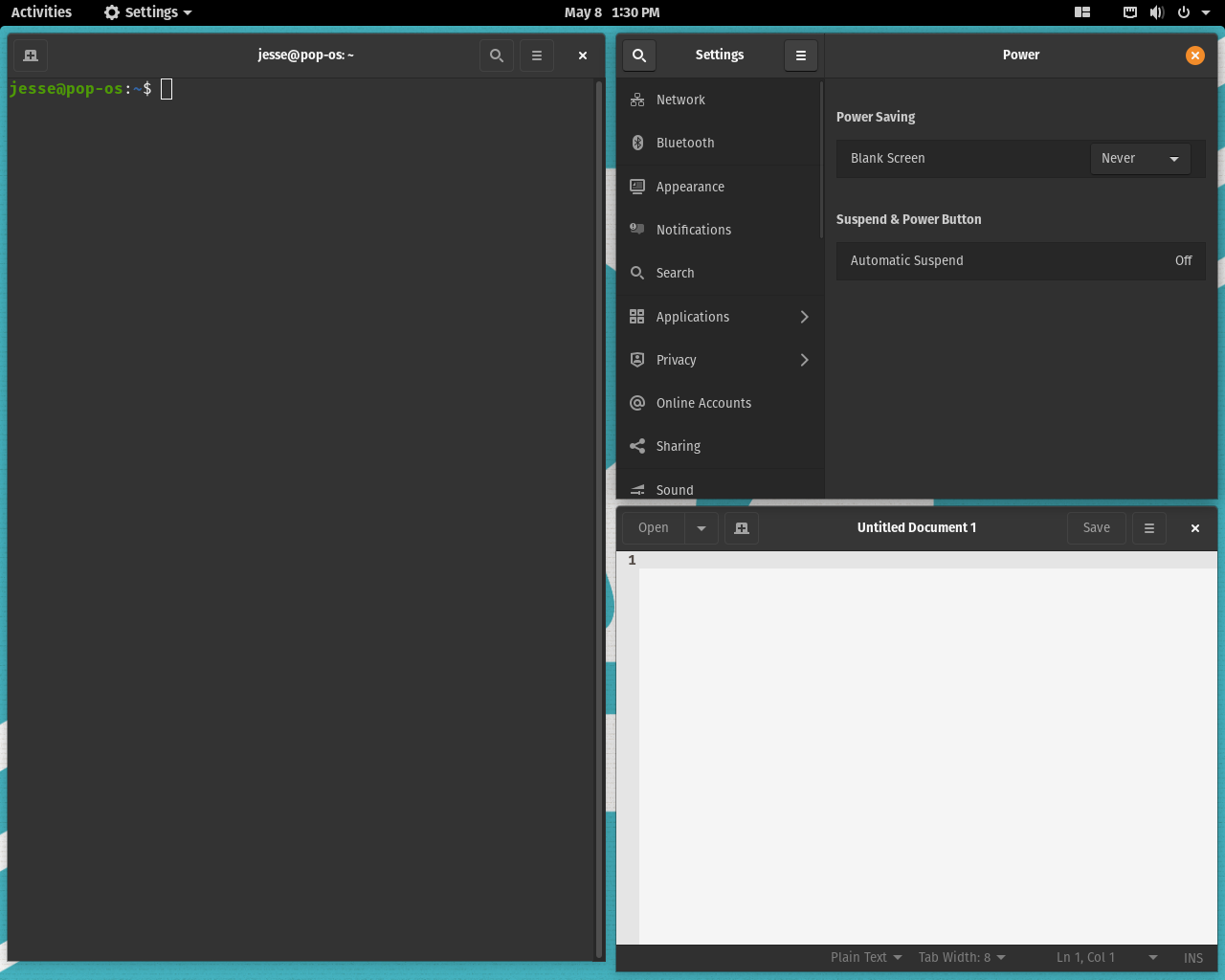 Pop!_OS desktop screenshot: 20.04 tiling