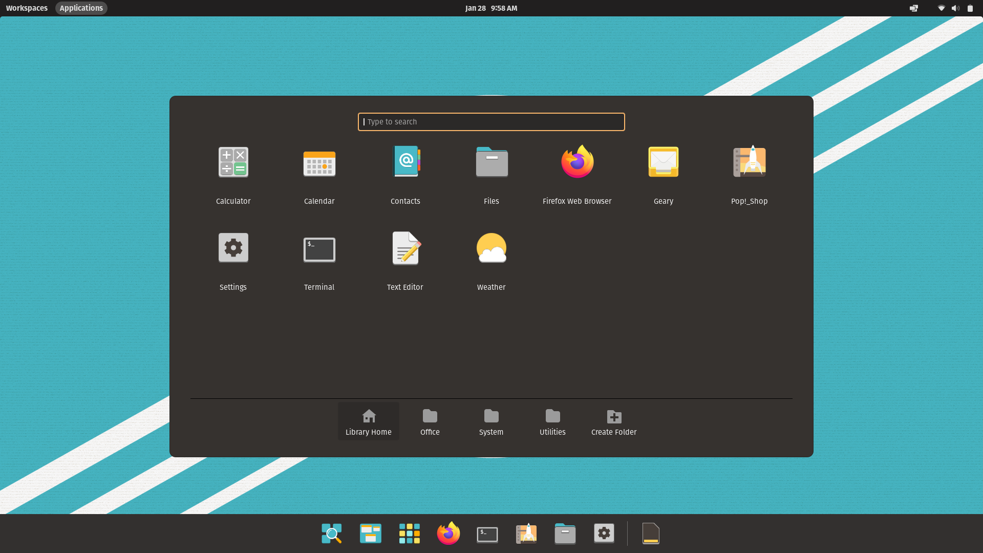 Pop!_OS desktop screenshot: 21.10 application library