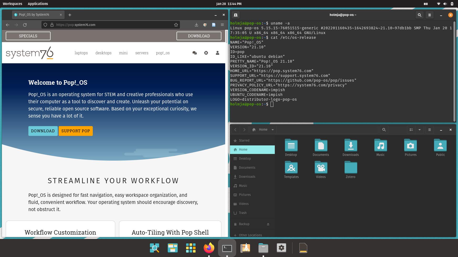 Pop!_OS desktop screenshot: 21.10 firefox terminal and files in tiled layout