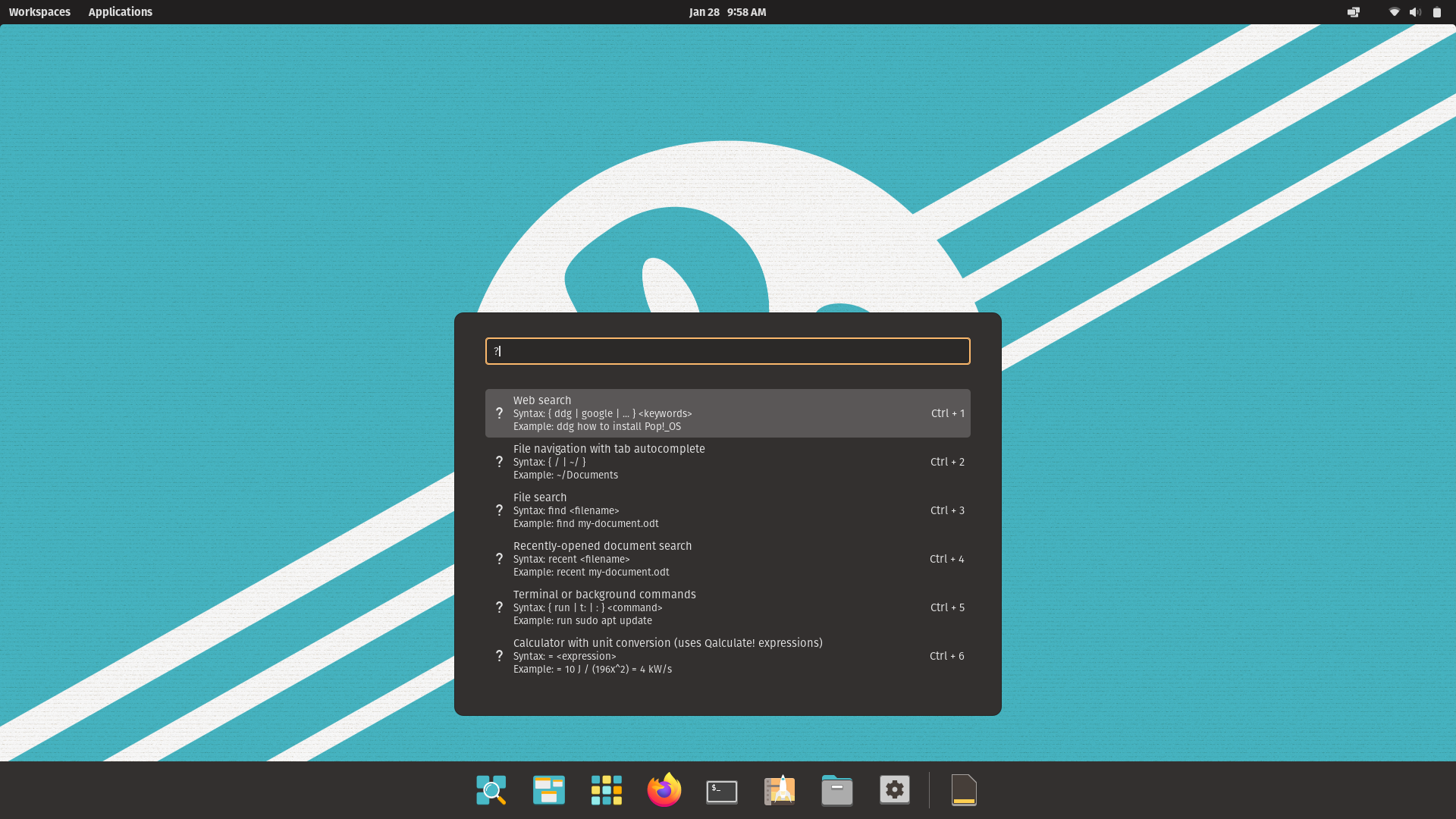 Pop!_OS desktop screenshot: 21.10 launcher displaying advanced search options