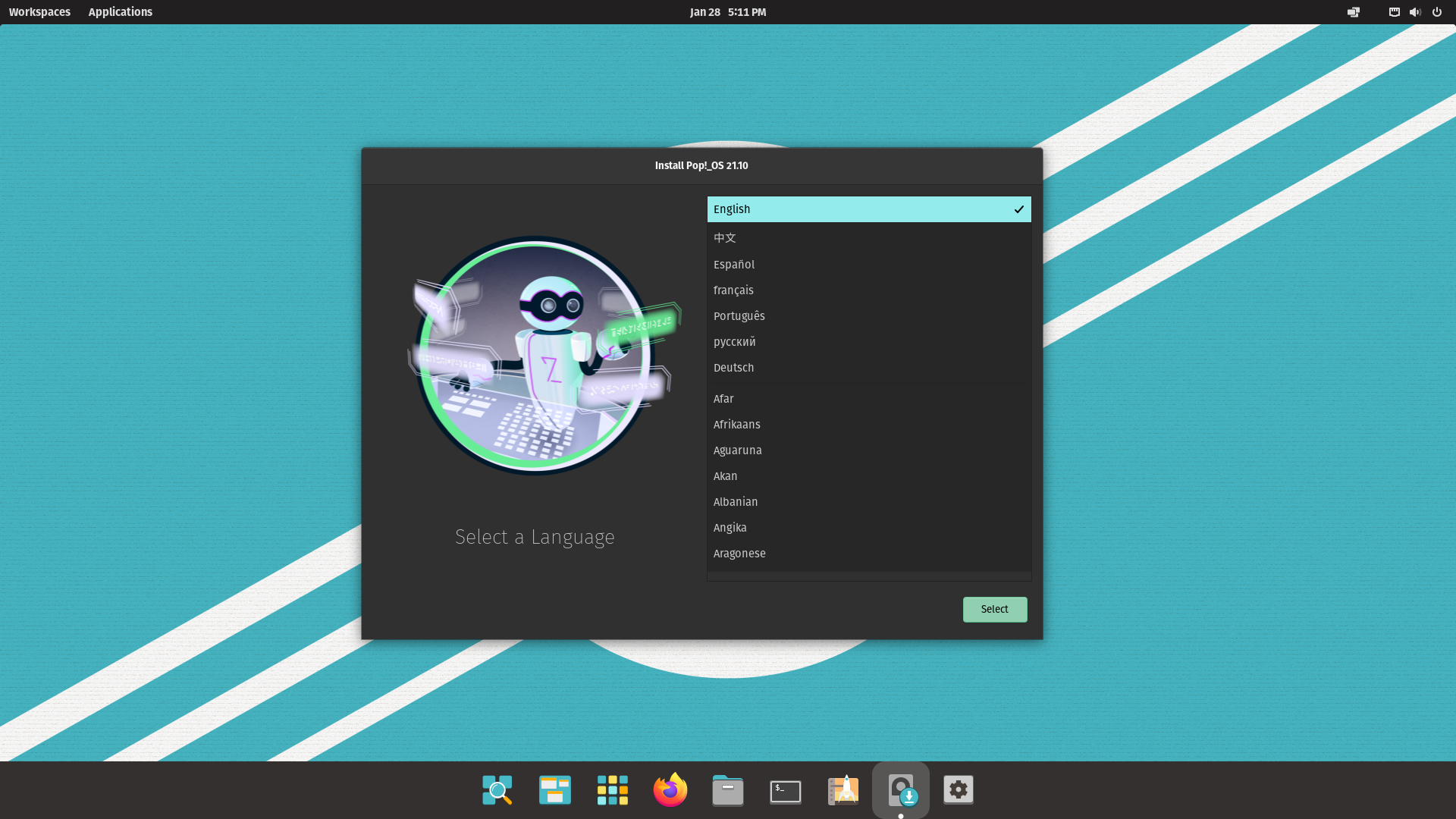 Pop!_OS desktop screenshot: 21.10 live desktop with installer