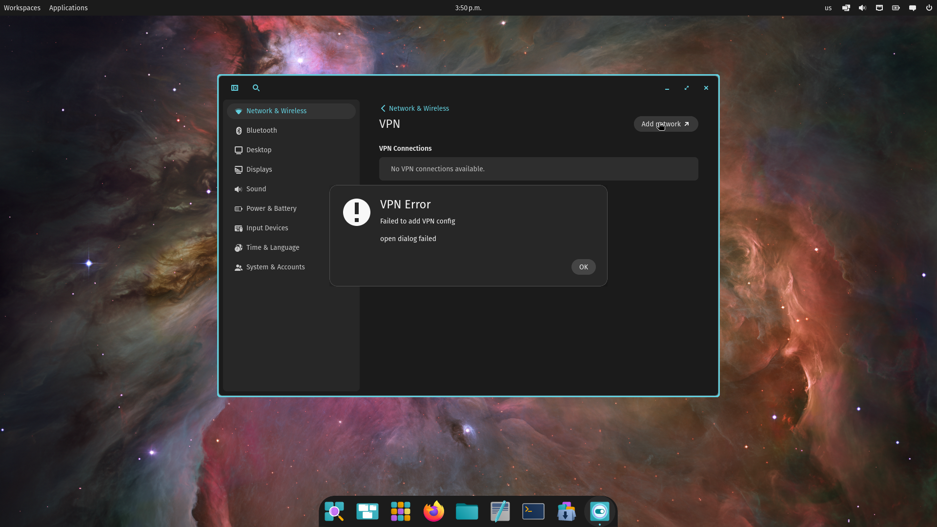 Pop!_OS desktop screenshot: 24.04 alpha5 vpn