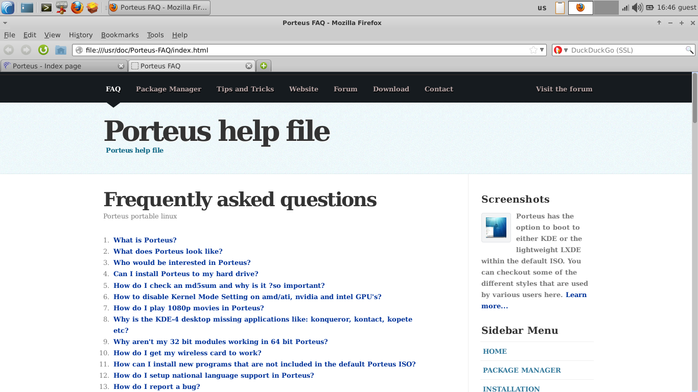 Porteus desktop screenshot: 2.0 faq