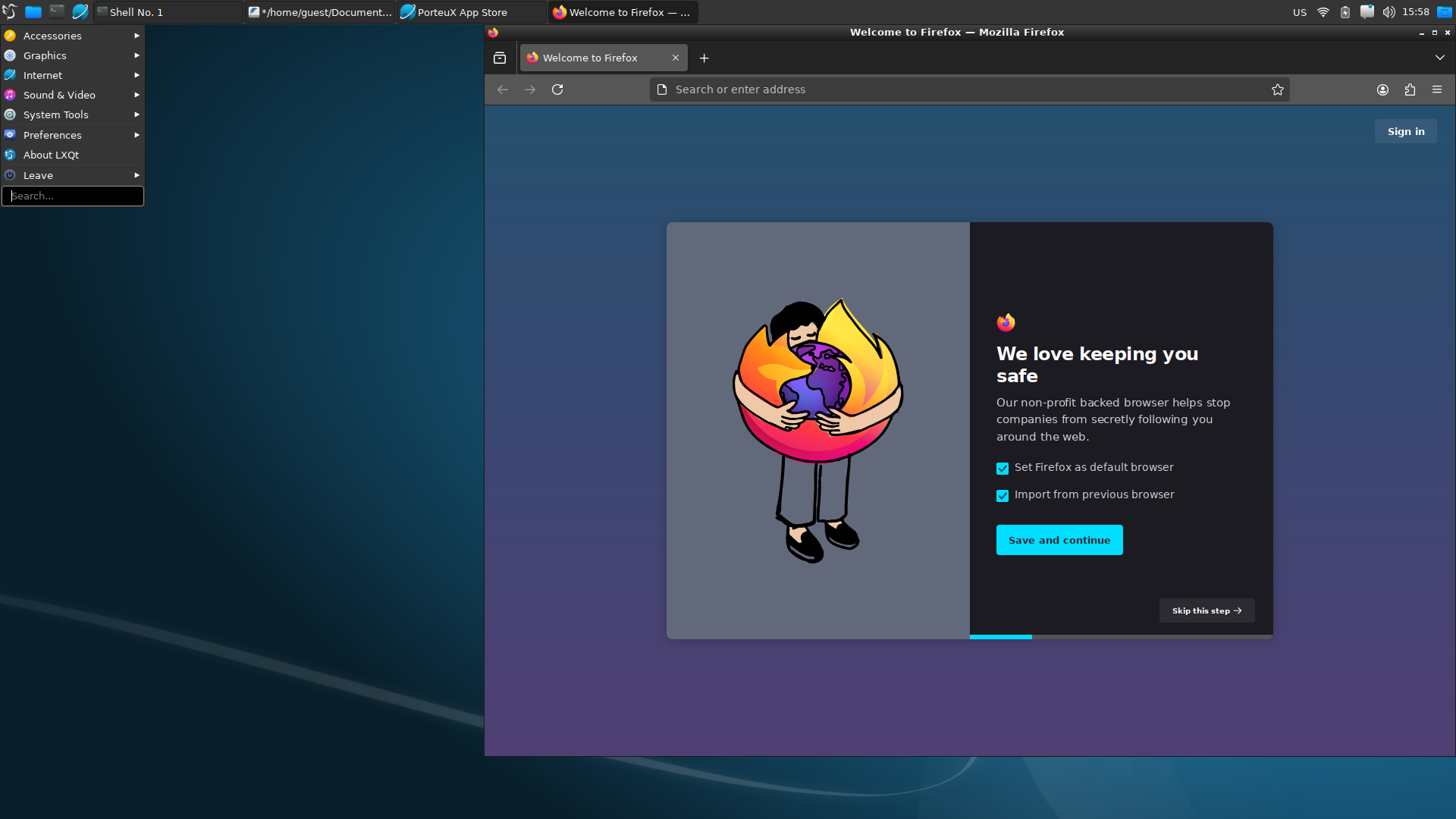 PorteuX desktop screenshot: 1.6 menu