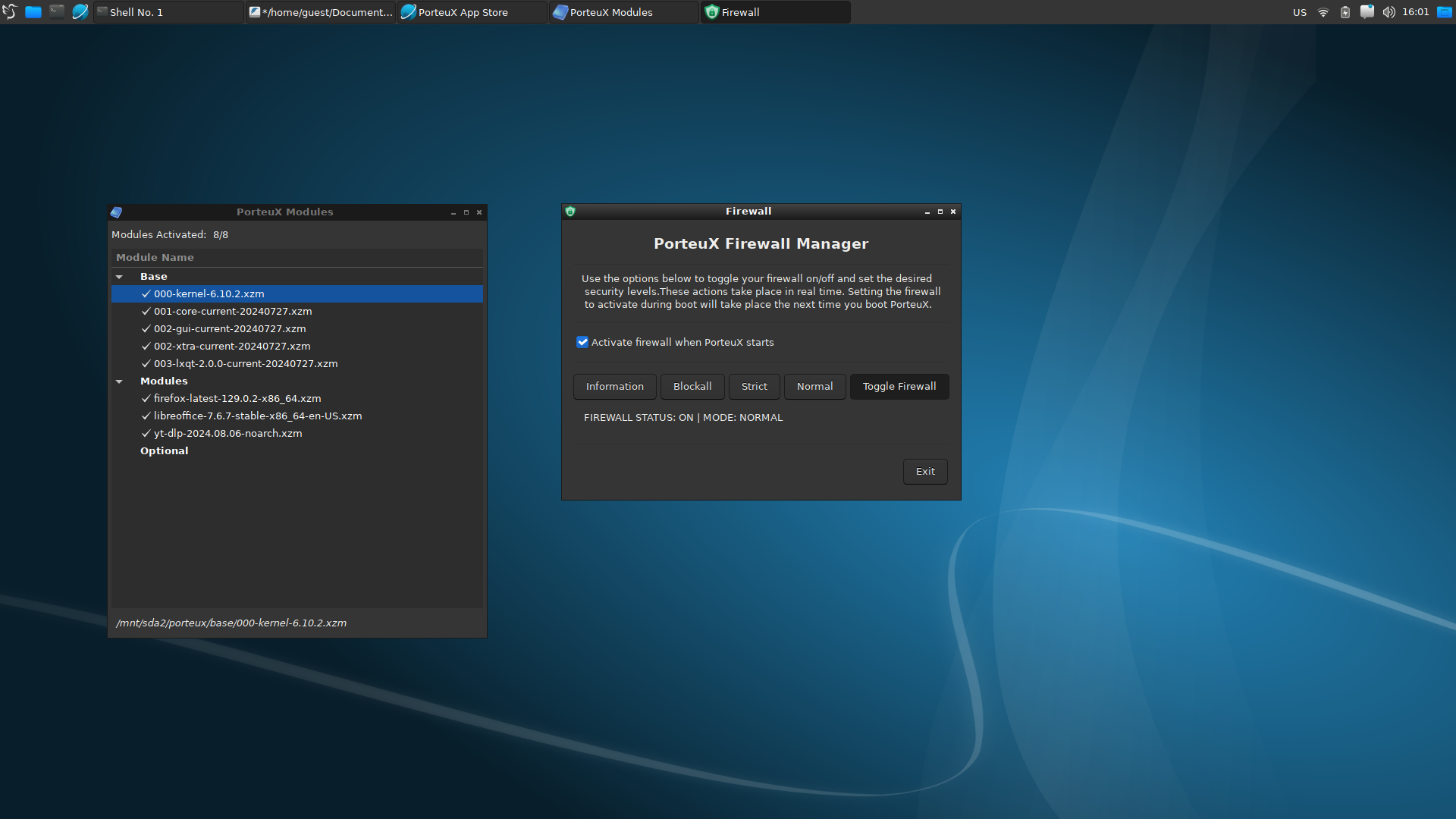 PorteuX desktop screenshot: 1.6 modules