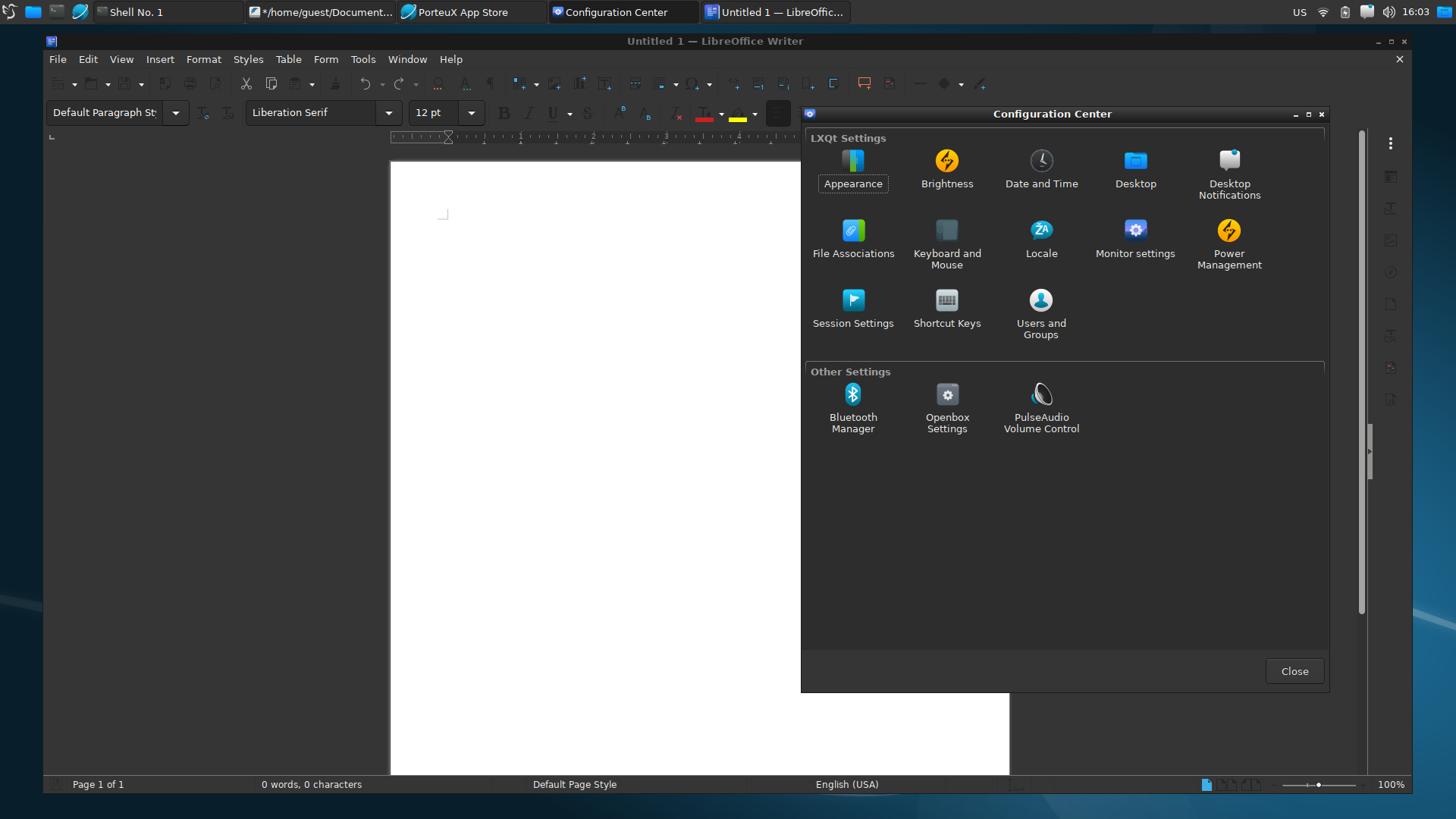 PorteuX desktop screenshot: 1.6 office settings