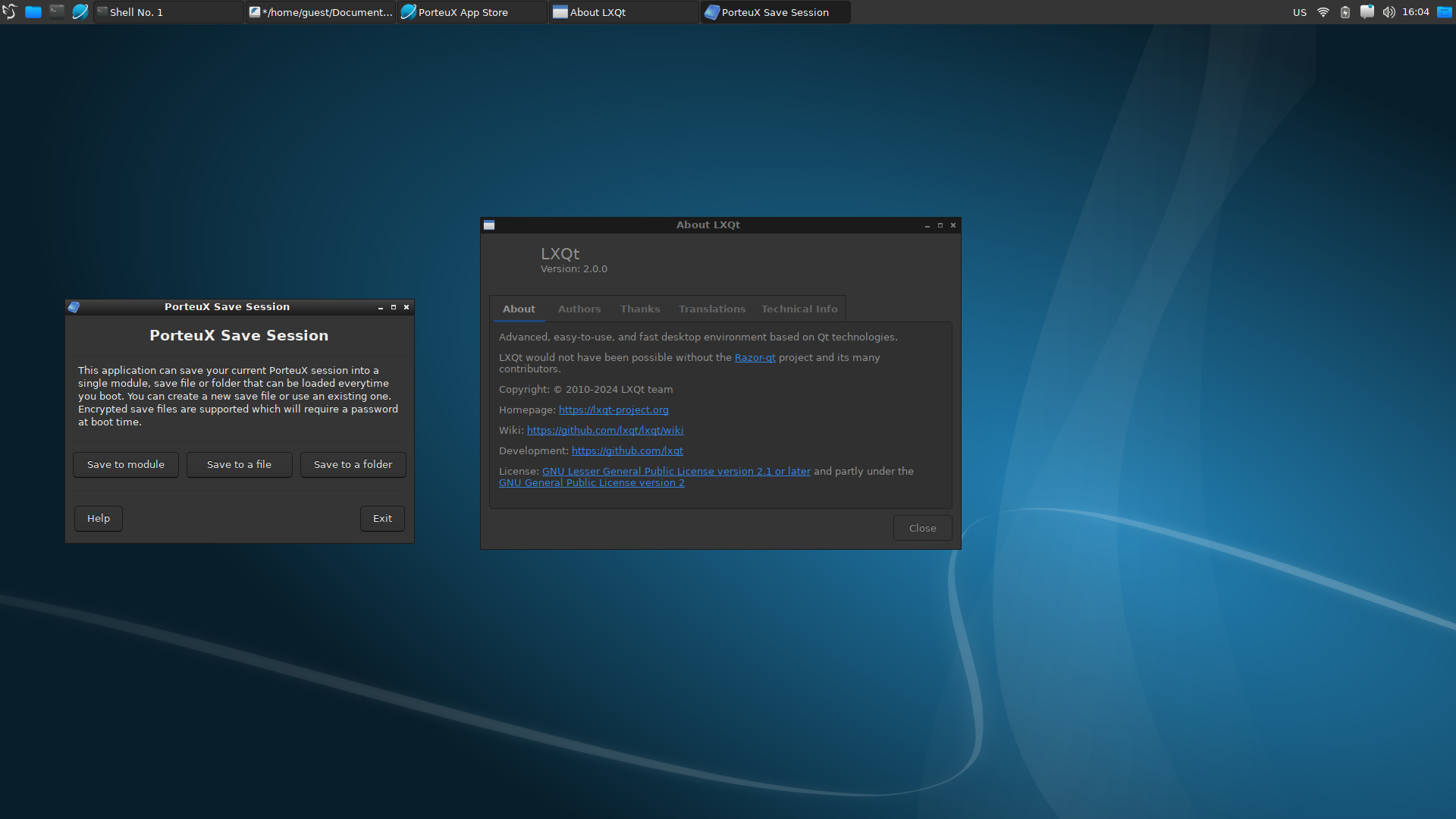 PorteuX desktop screenshot: 1.6 session