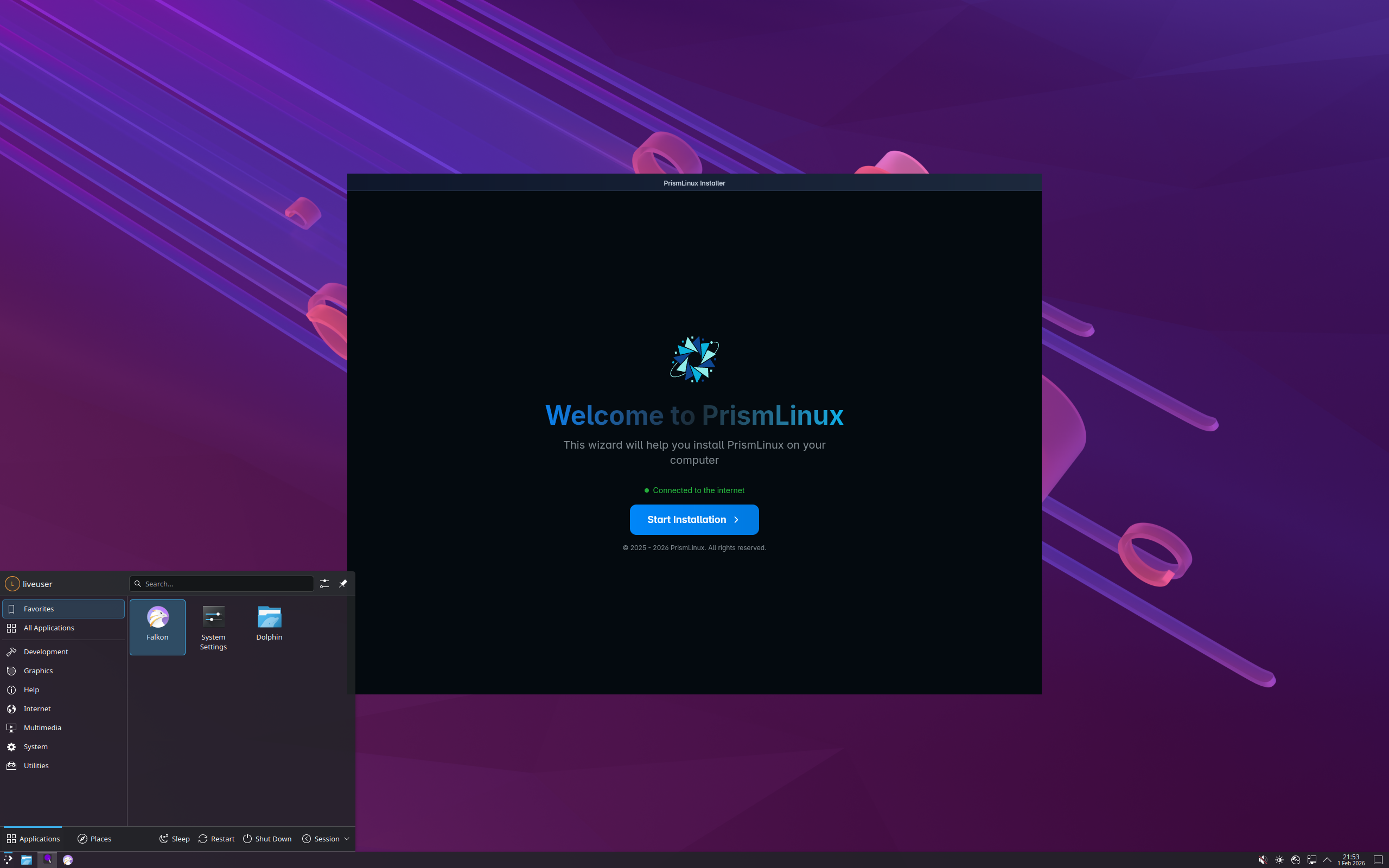 PrismLinux desktop screenshot: 2026.02.01