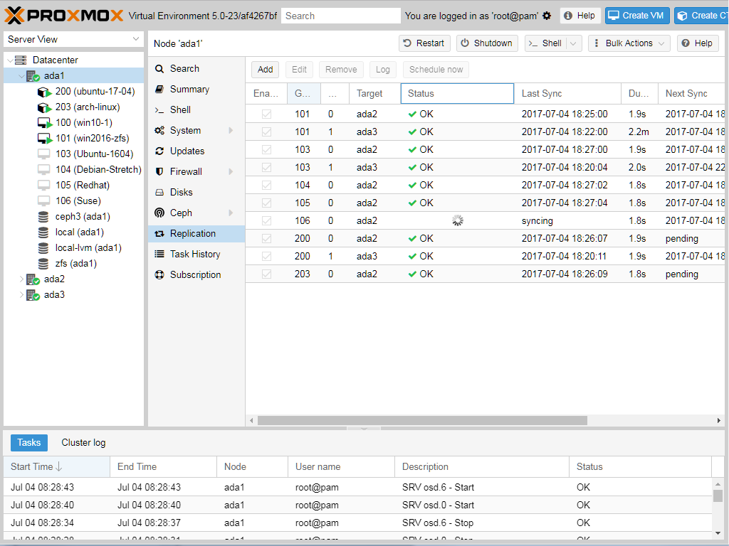 Proxmox desktop screenshot: 5.0
