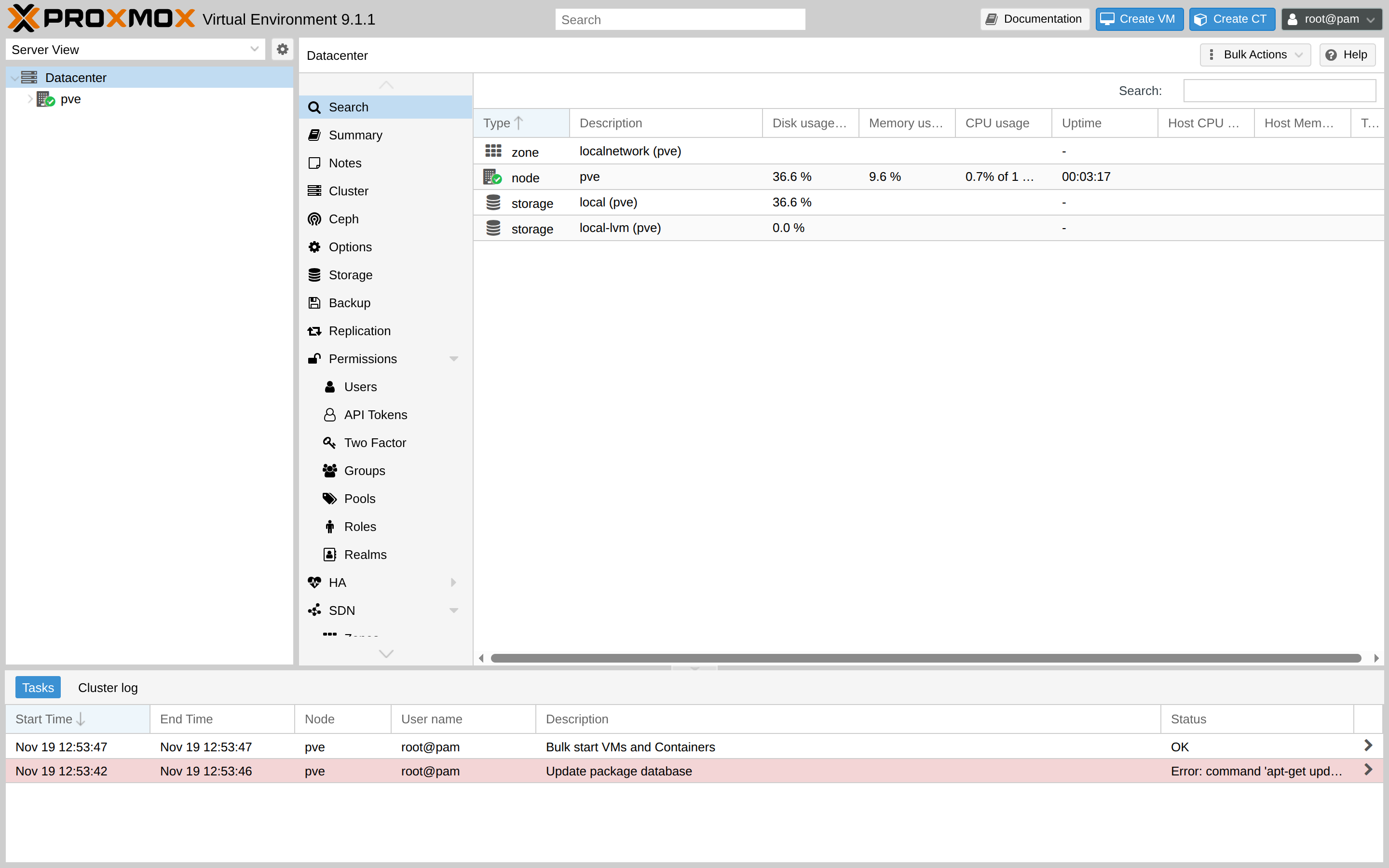 Proxmox desktop screenshot: 9.1 ve