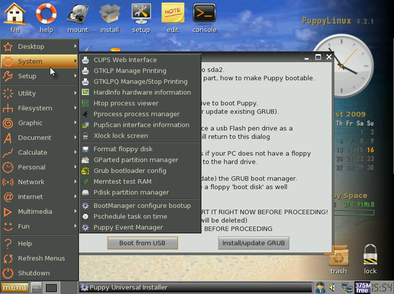 Puppy desktop screenshot: 4.2.1 menu