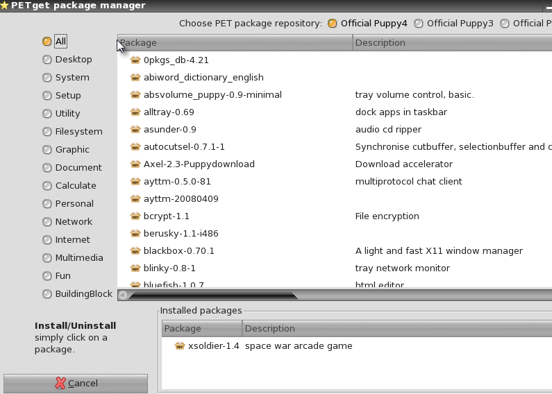 Puppy desktop screenshot: 4.2.1 packagemanager