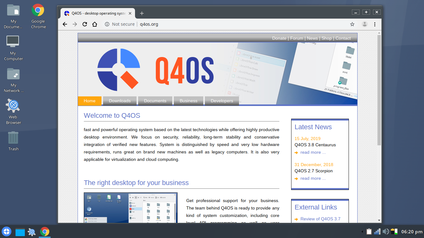 Q4OS desktop screenshot: 3.8 chrome