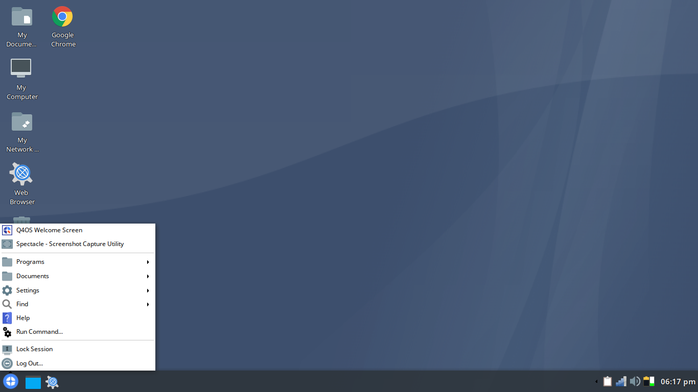 Q4OS desktop screenshot: 3.8 trinity menu