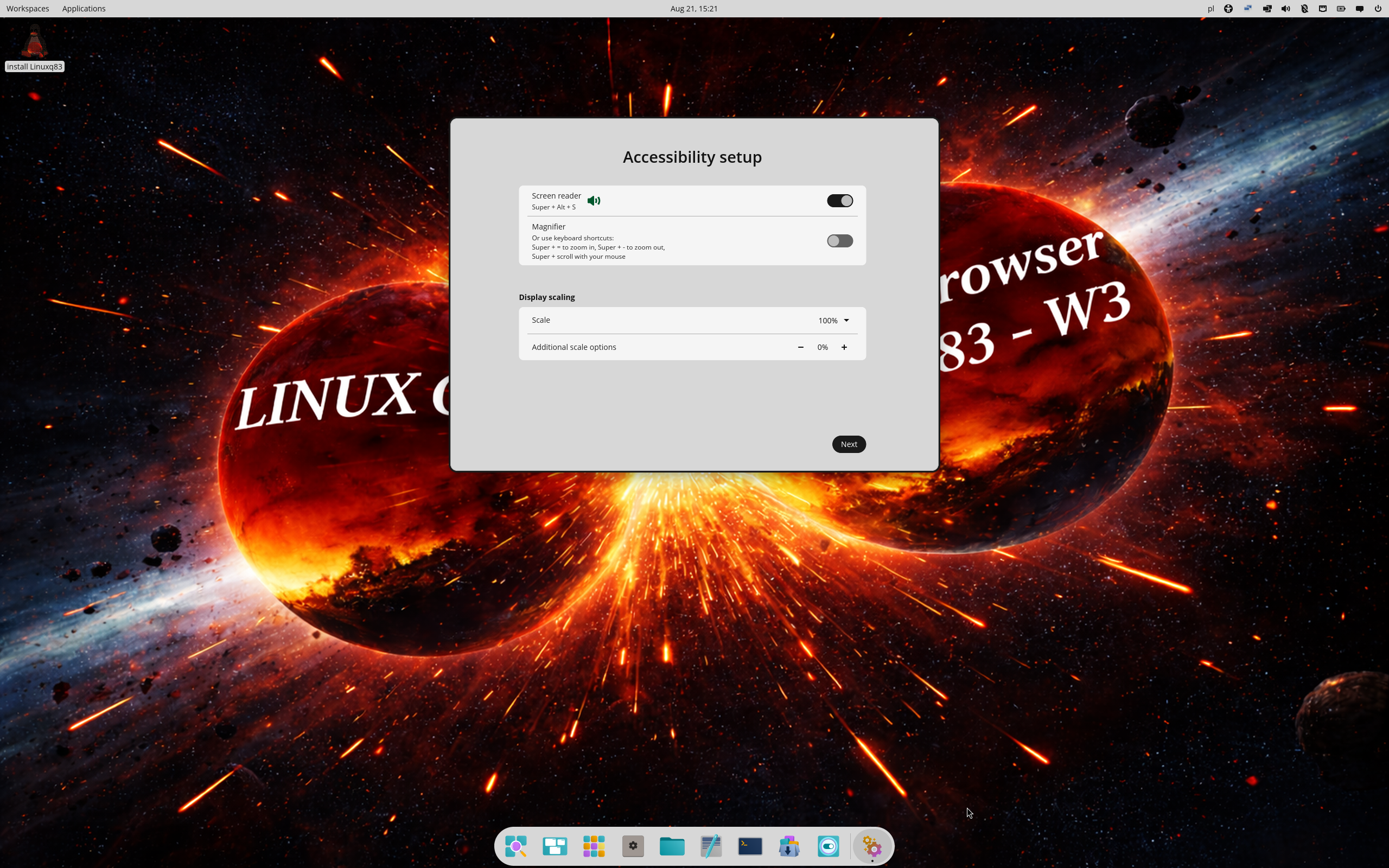 Linux Q83 desktop screenshot: 13.15 cosmic