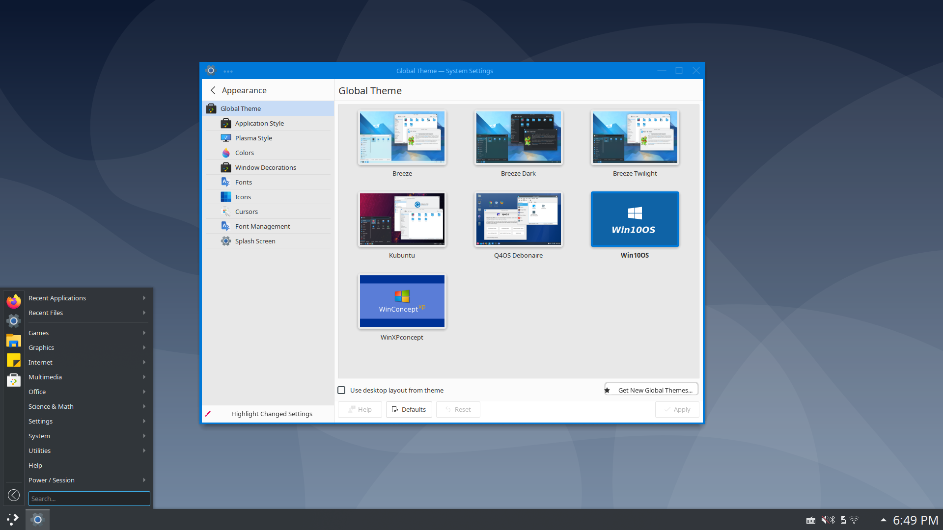 Quarkos desktop screenshot: 21.10.2 themes