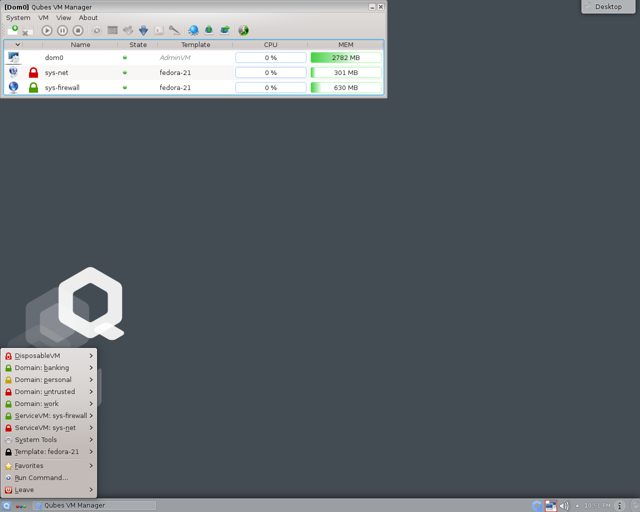 Qubes desktop screenshot: 3.0 rc1