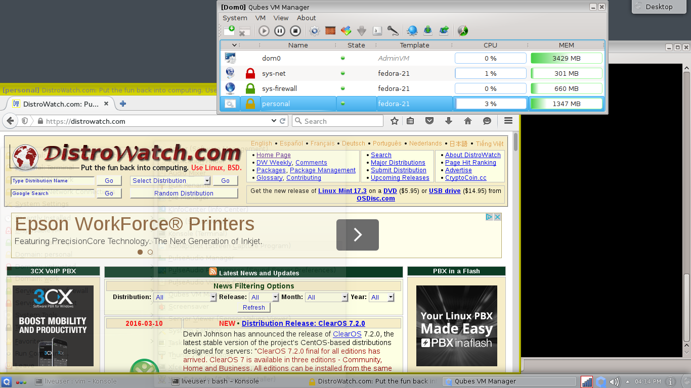 Qubes desktop screenshot: 3.1 firefox