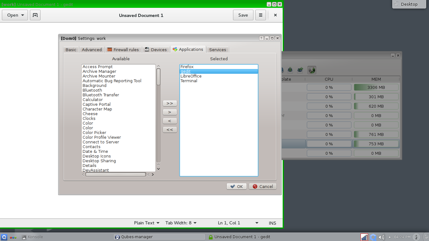 Qubes desktop screenshot: 3.1 shortcuts