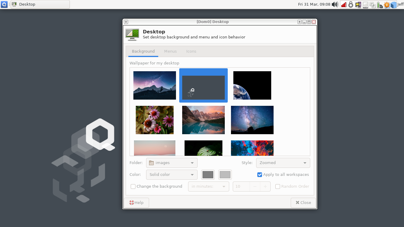 Qubes desktop screenshot: 4.1.2 desktop settings
