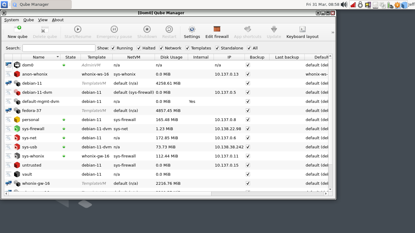 Qubes desktop screenshot: 4.1.2 qubes manager