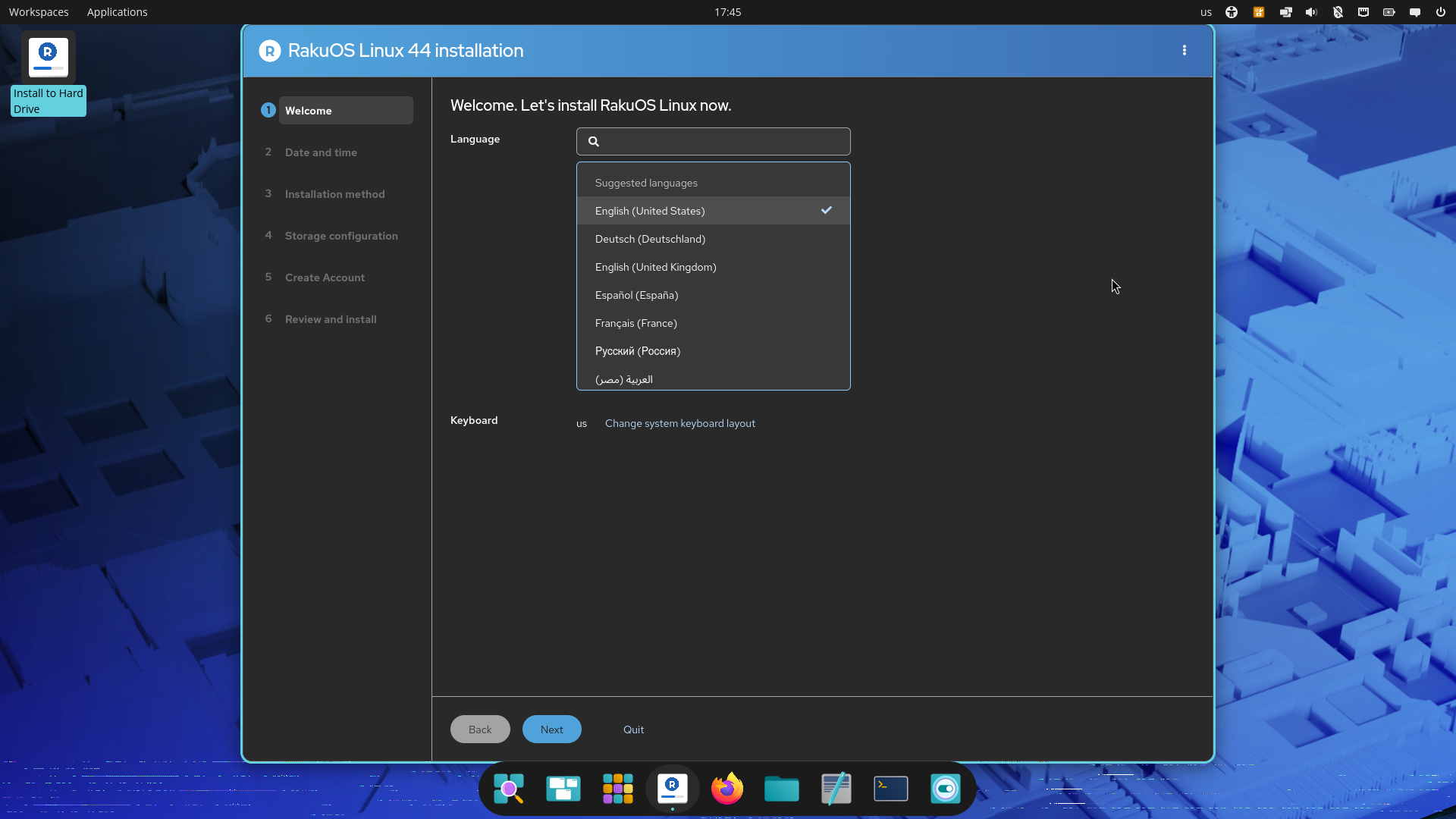 RakuOS desktop screenshot: 44 installer