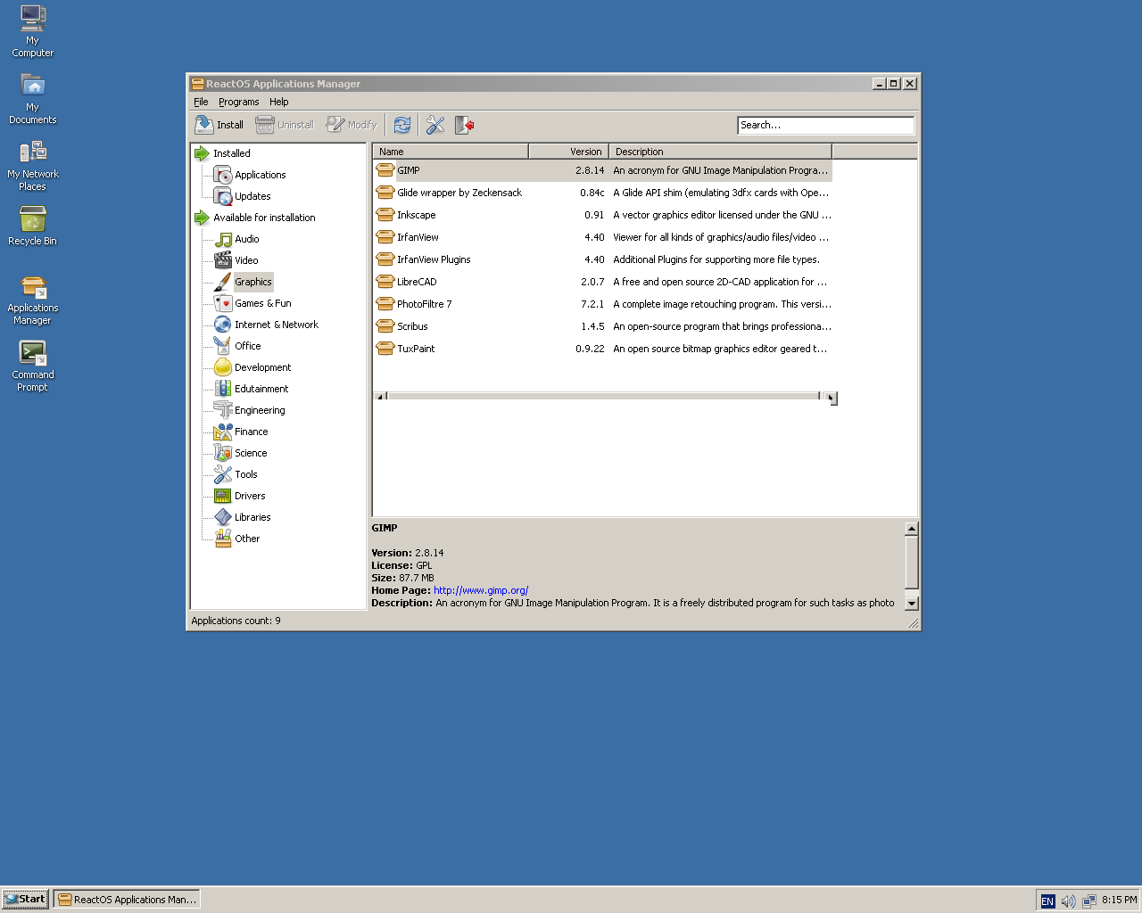 ReactOS desktop screenshot: 0.4.0 apps