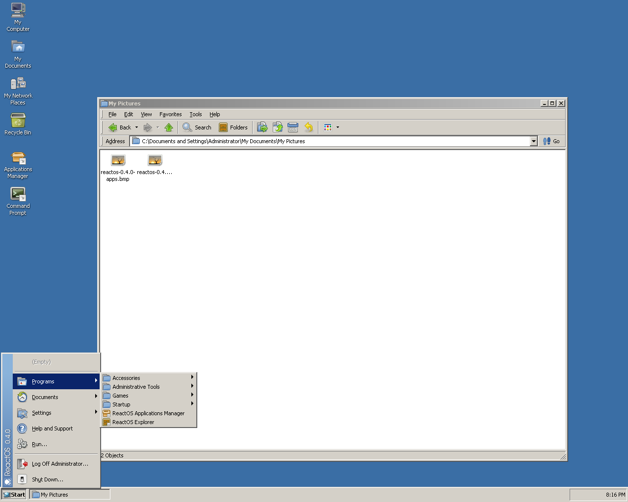 ReactOS desktop screenshot: 0.4.0 menu