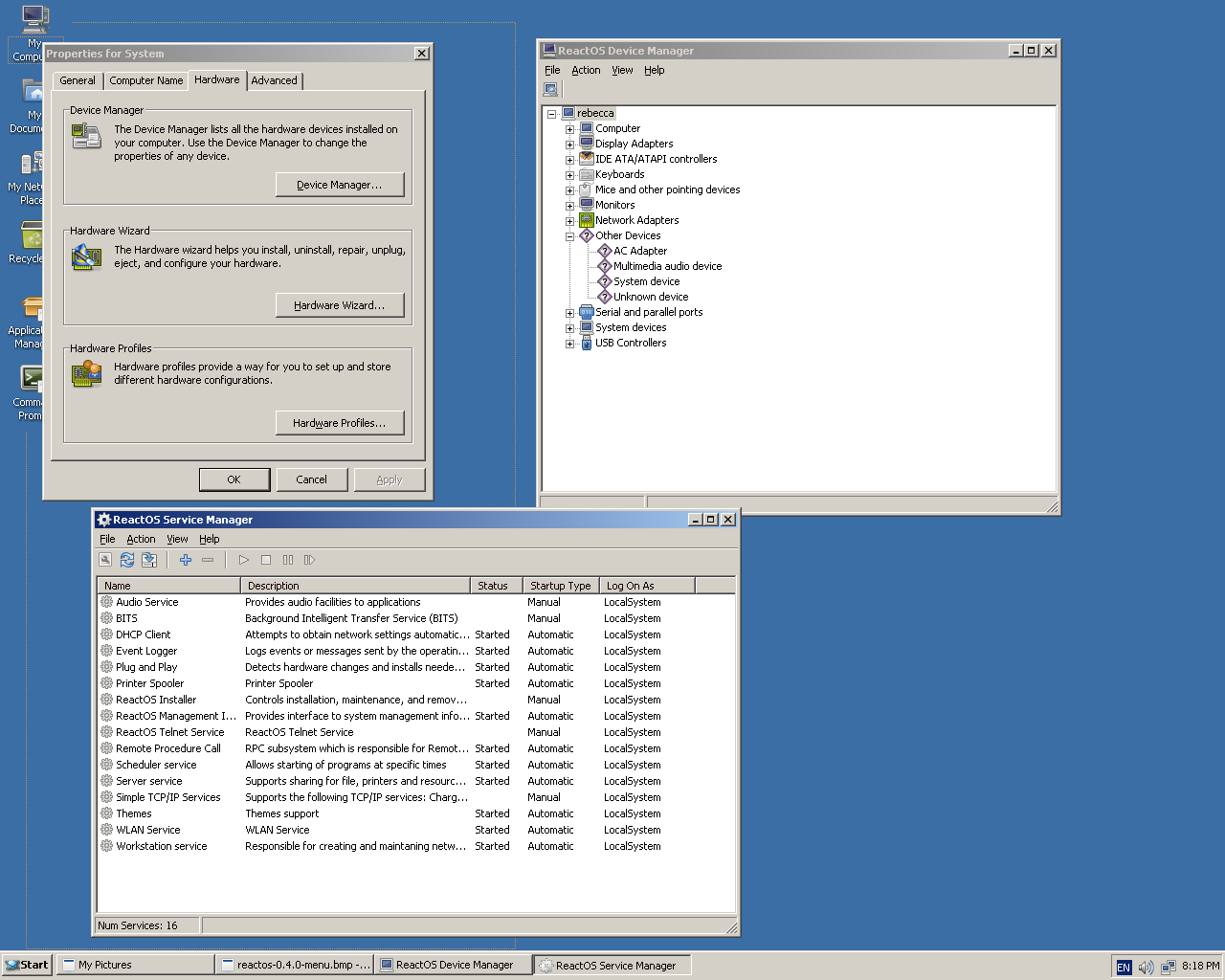 ReactOS desktop screenshot: 0.4.0 services