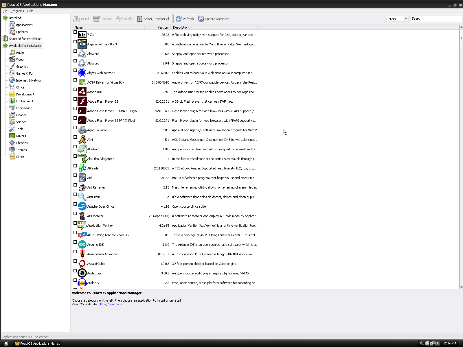 ReactOS desktop screenshot: 0.4.16 applications