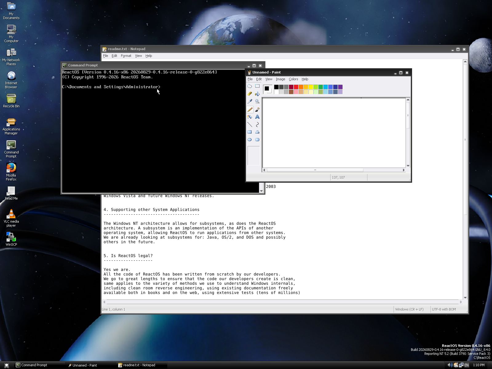 ReactOS desktop screenshot: 0.4.16 classics
