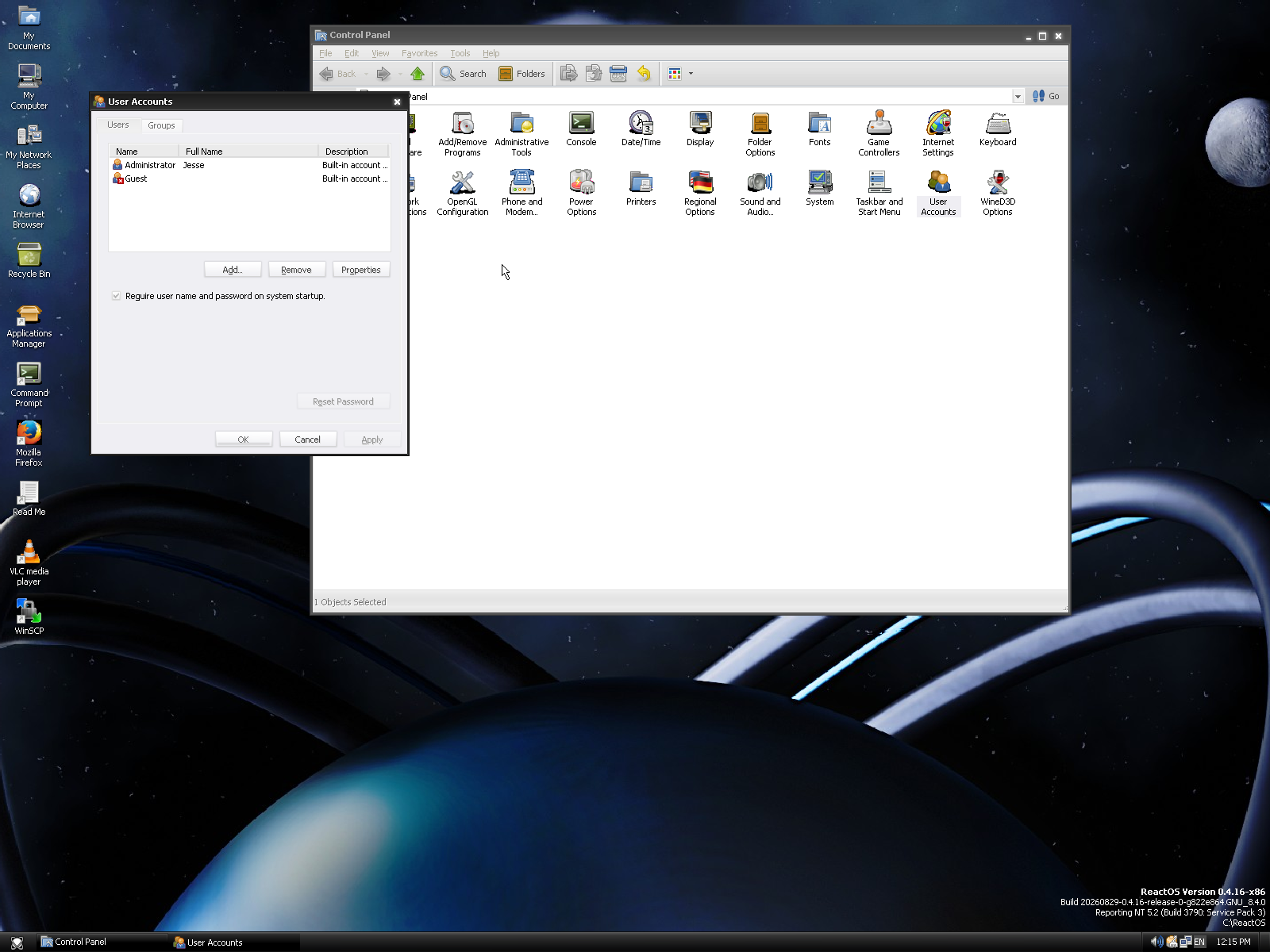 ReactOS desktop screenshot: 0.4.16 control
