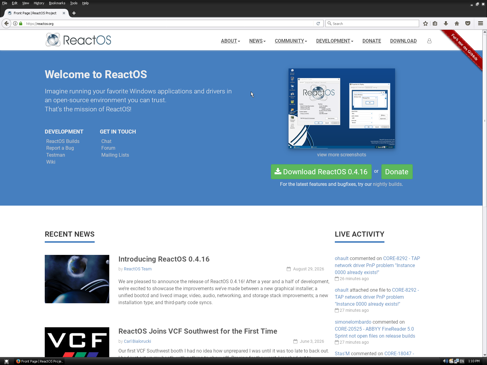 ReactOS desktop screenshot: 0.4.16 firefox