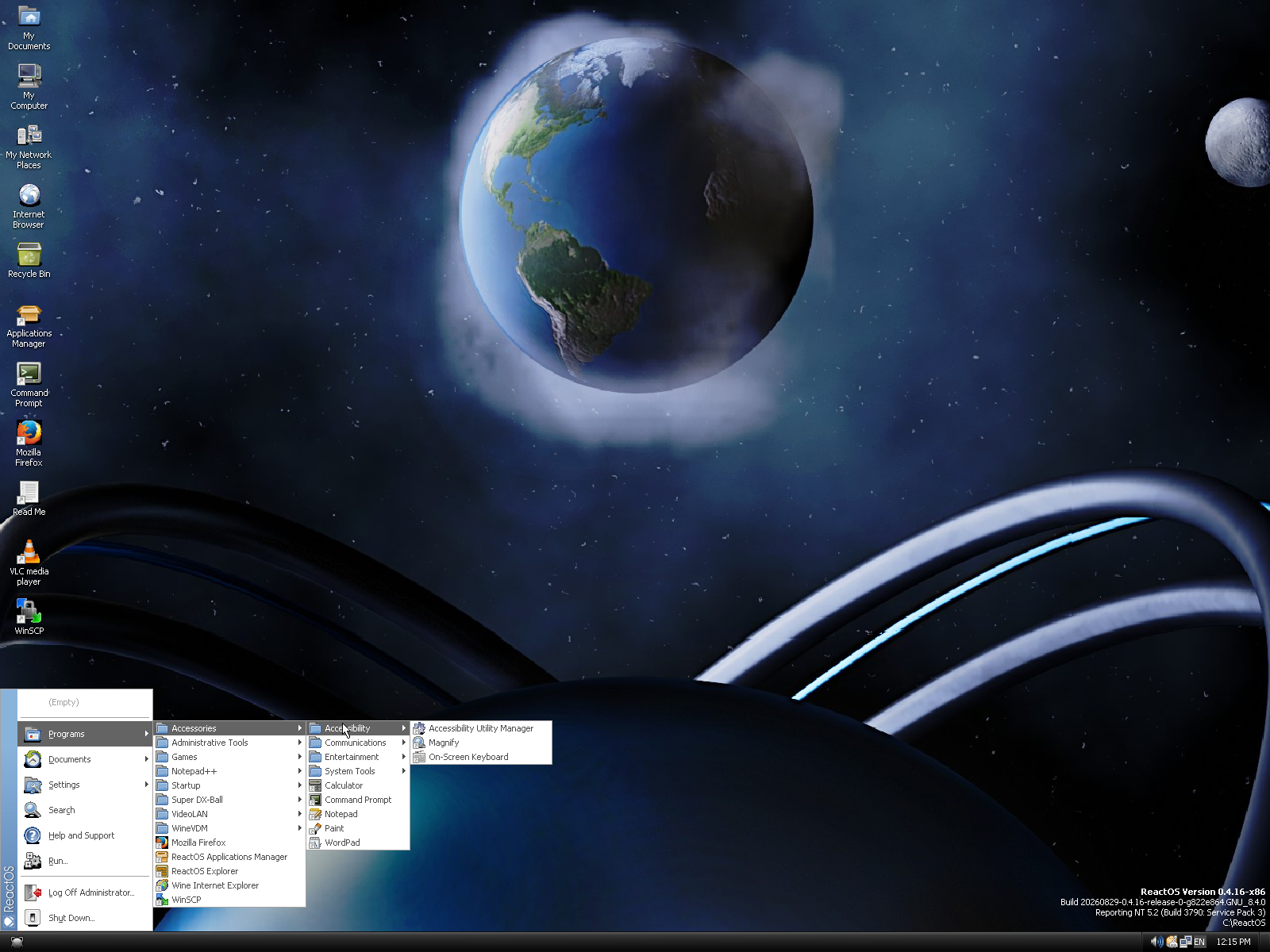 ReactOS desktop screenshot: 0.4.16 menu