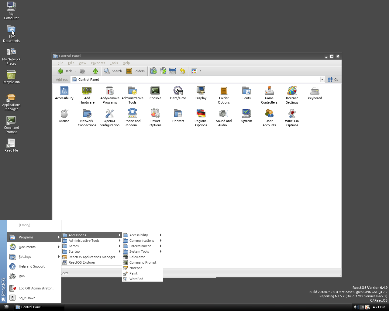 ReactOS desktop screenshot: 0.4.9 settings