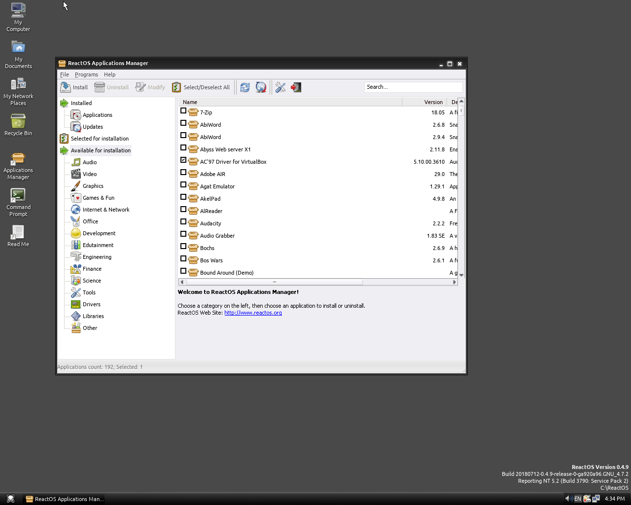 ReactOS desktop screenshot: 0.4.9 software