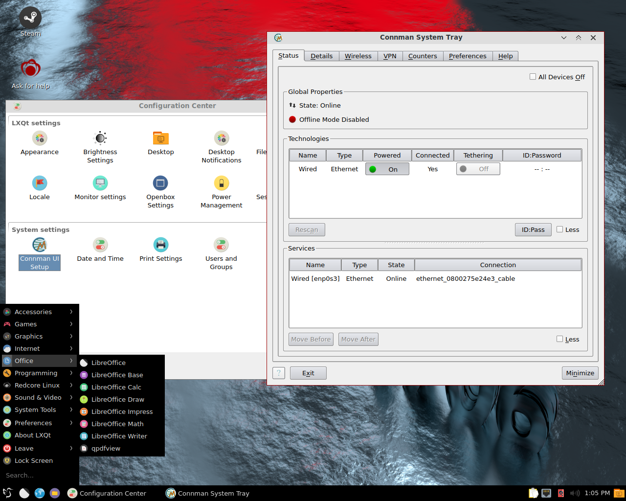 Redcore desktop screenshot: 1706 networking