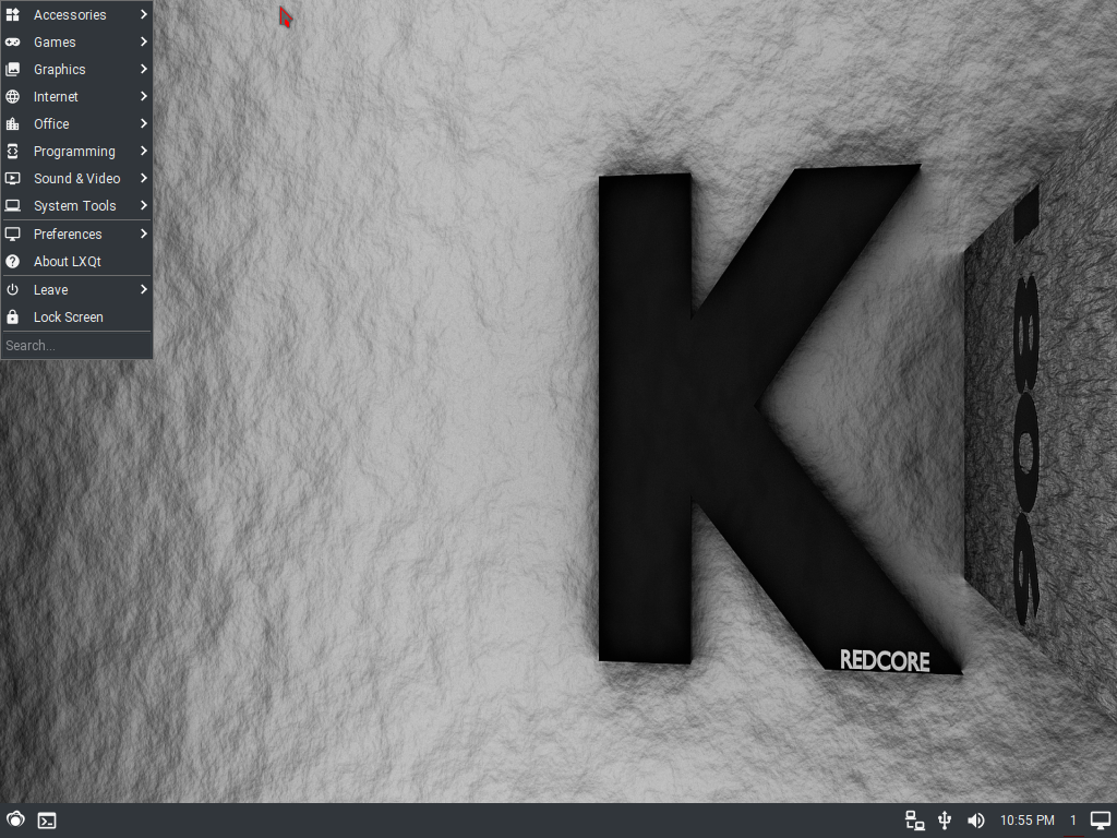 Redcore desktop screenshot: 1806 menu