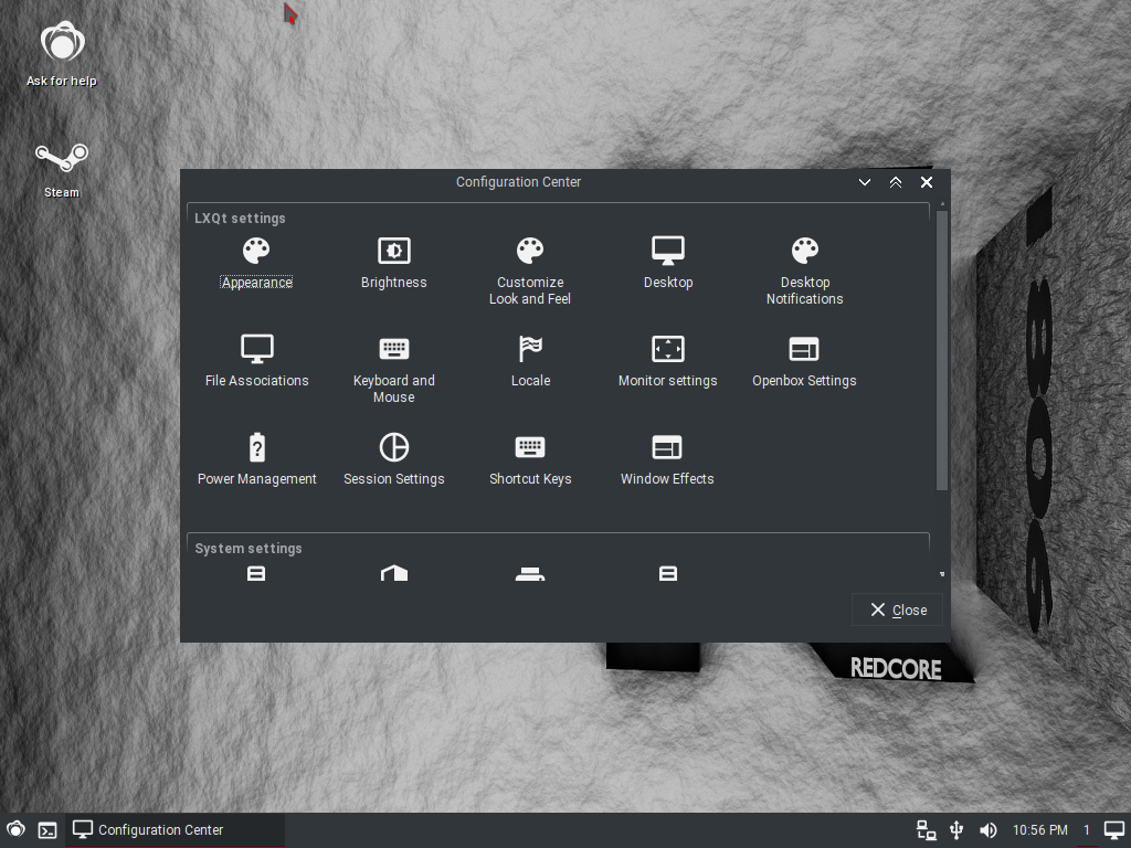 Redcore desktop screenshot: 1806 settings